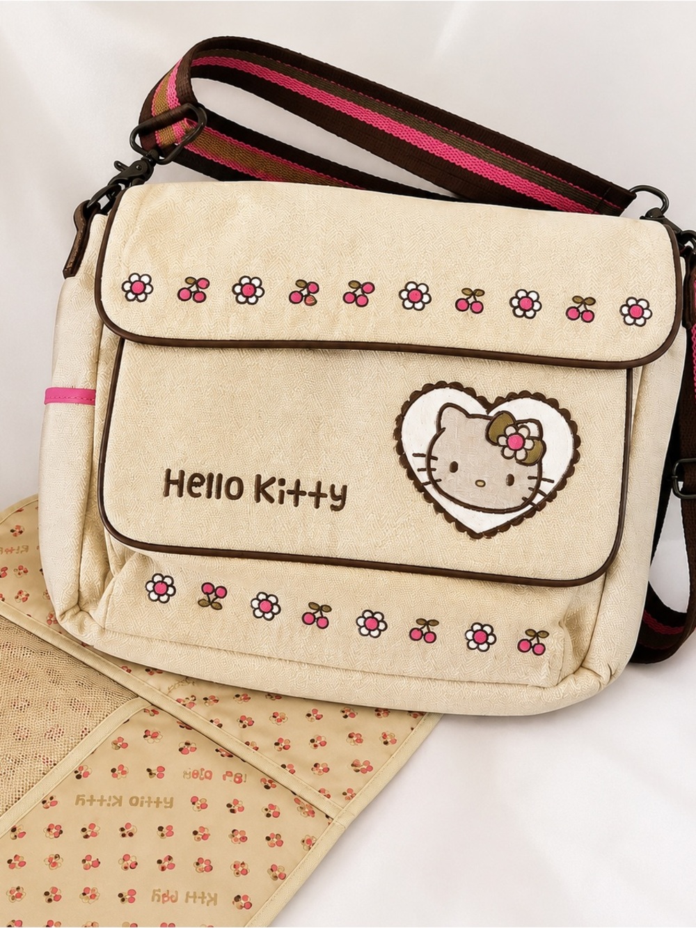 Hello Kitty Messenger Diaper Bag Changing Pad Cream Pink Brown Floral Sanrio